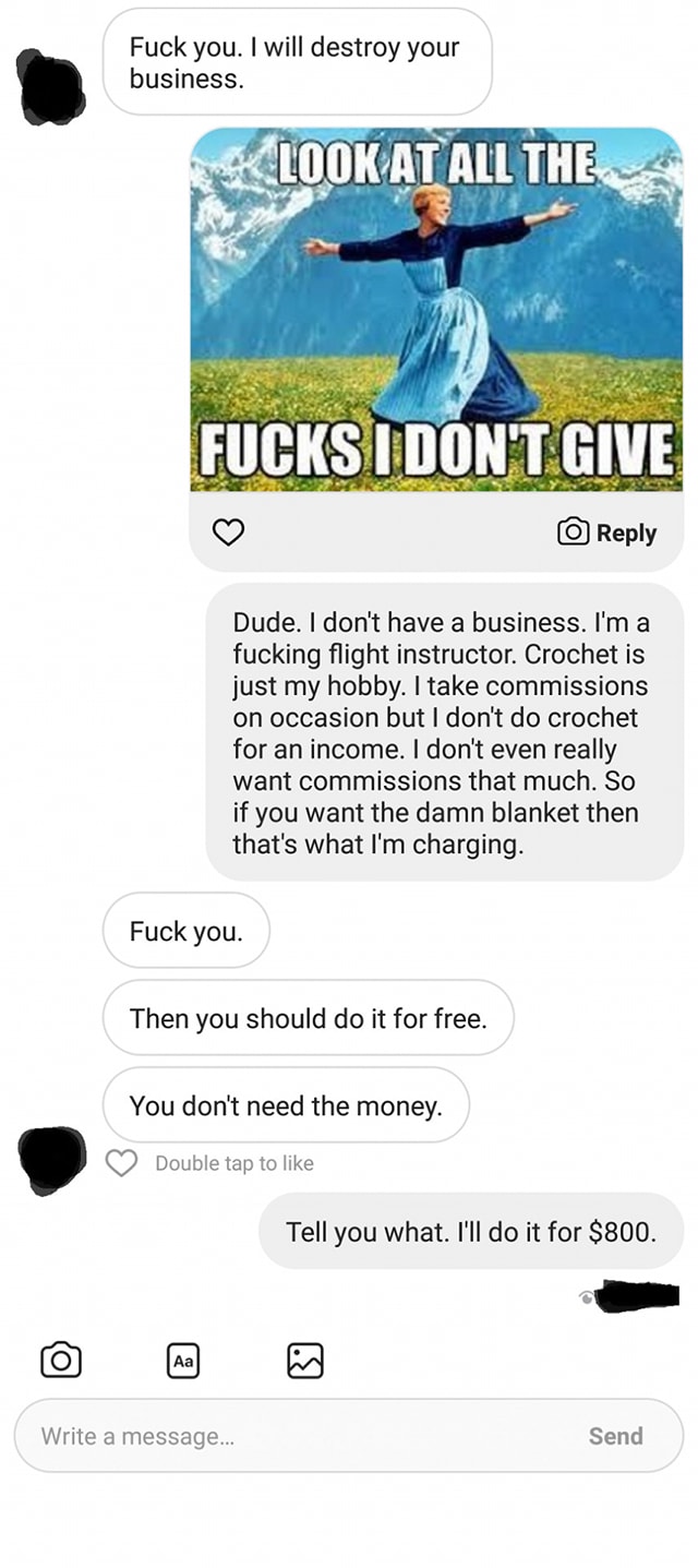 Abusive Messages from Jerk Who Wanted Crocheter To Work For Nothing