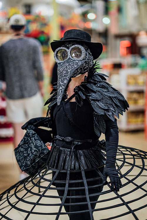 Fantasy Apocalypse plague doctor Cosplay at the Grocery Store
