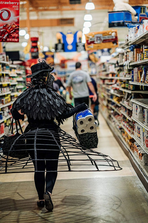 Fantasy Apocalypse plague doctor Cosplay at the Grocery Store