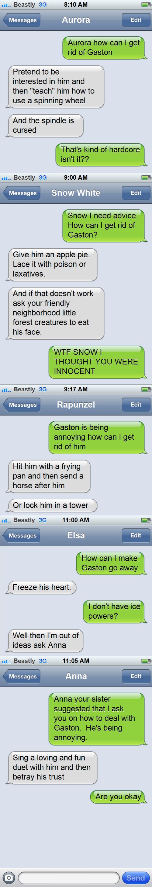 Disney Princesses Text Belle Advice to Get Rid of Gaston