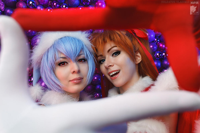 Christmas Asuka and Rei from Evangelion Cosplay